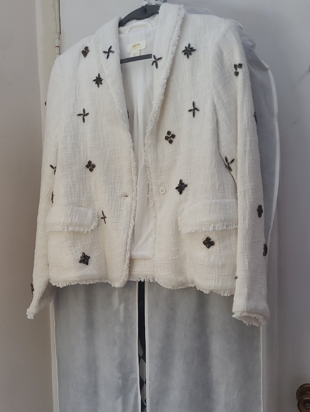 Anthropologie White Tweed Blazer with Black Embellishments